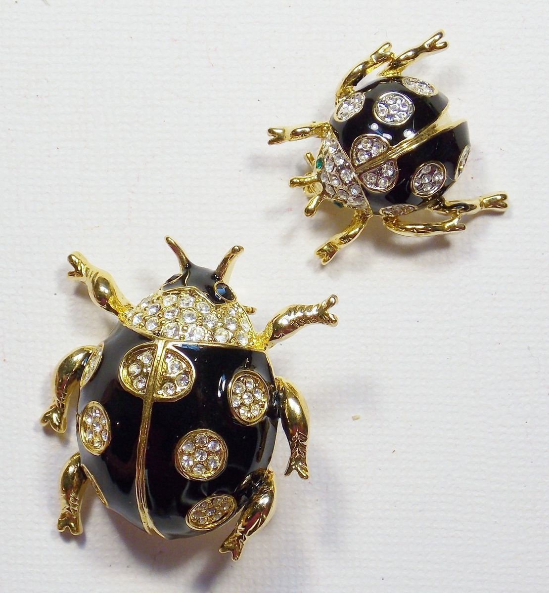   Black Enamel & Clear Rhinestone Jeweled Lady Bug Beetle Brooches Pins