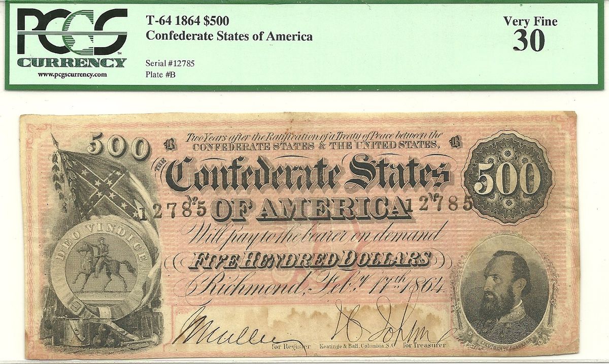 1864 $500 Confederate Civil War Currency General Stonewall Jackson 