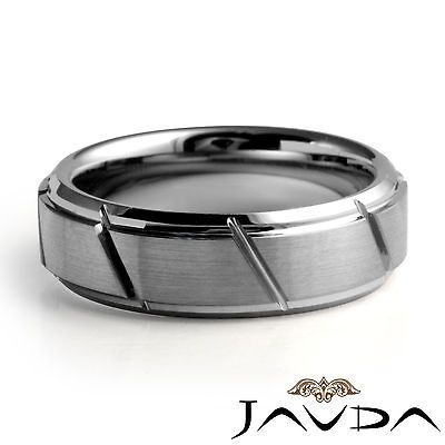 Men Tungsten Carbide Wedding Band Ridged Bevel Edges Comfort Fit 7mm 