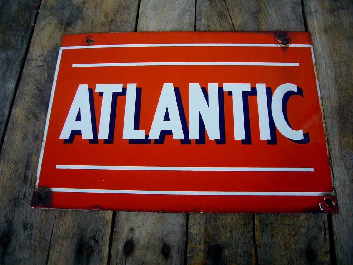 Original Porcelain Atlantic Gasoline Oil Pump Plate Sign Advertising 