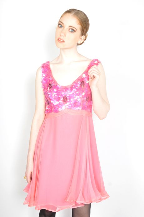 Vtg 60s Bubblegum Pink Sequin Paillette Silk Mod Cocktail Party Mini 