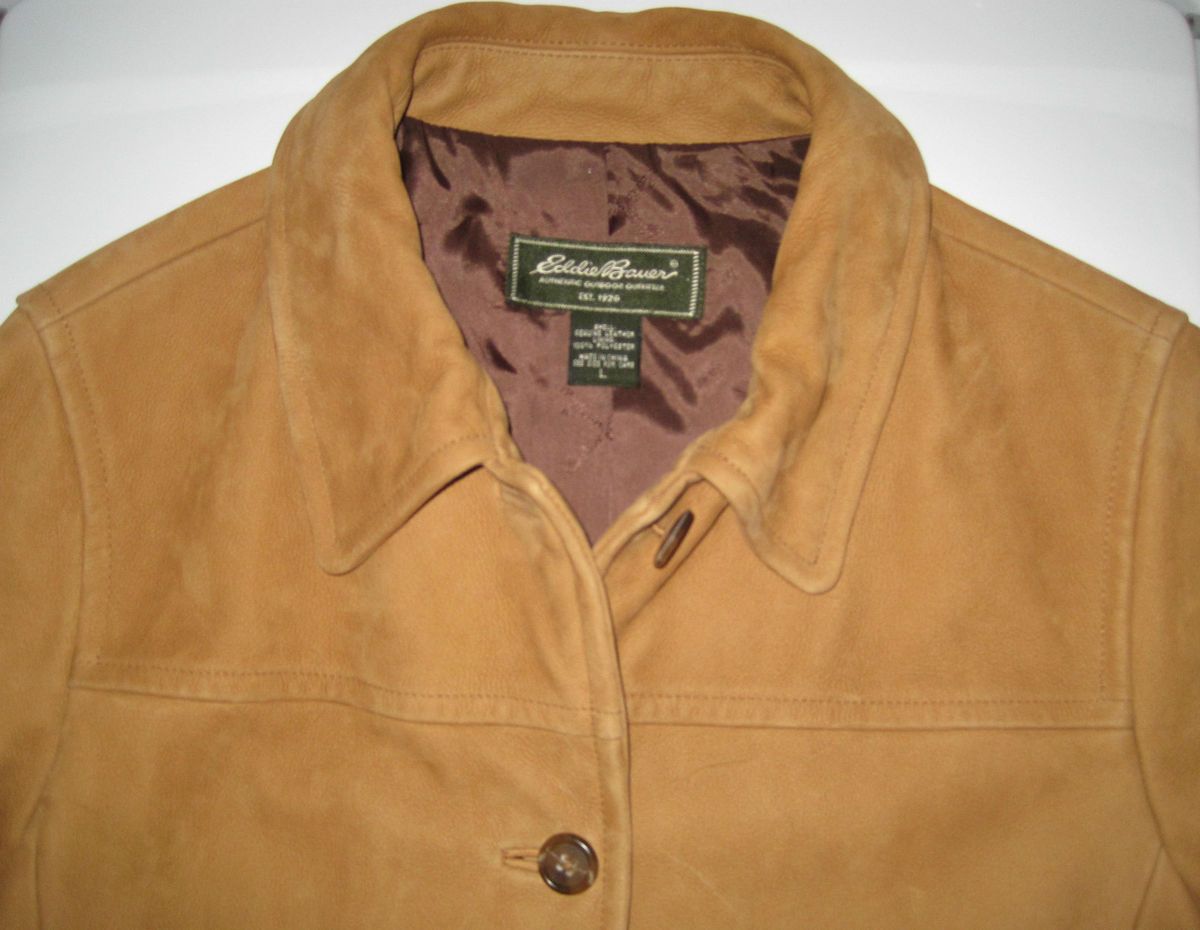 Eddie Bauer Sueded Buckskin Leather Jacket Car Coat L Large Camel 