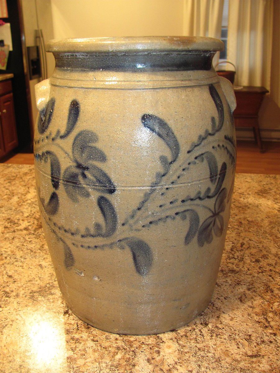 Antique 4 Gallon Greensboro PA Freehand Decorated Stoneware Crock 