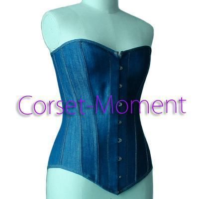    Sexy Lace Up DENIM Jean Metal Busk Overbust CORSET Fully Steel Boned