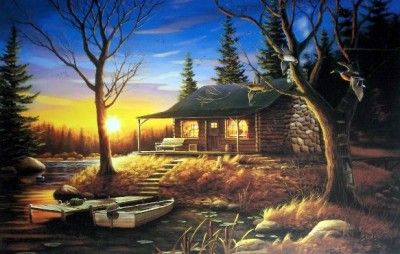 Leo Stans Evening Retreat Lake Cabin Print 29 x 19