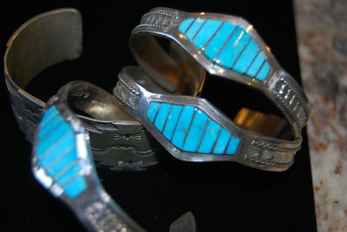 Navajo C Lee Signed Turquoise Stamped Sterling Silver Bracelet Cuff 