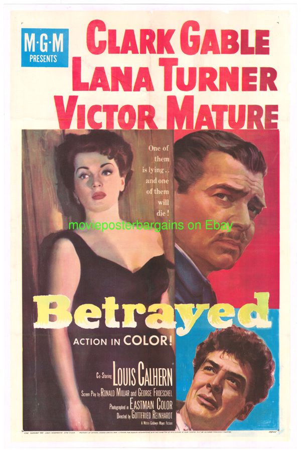 Betrayed Movie Poster lb 27x41 Fine WWII Film Lana Turner Clark Gable 