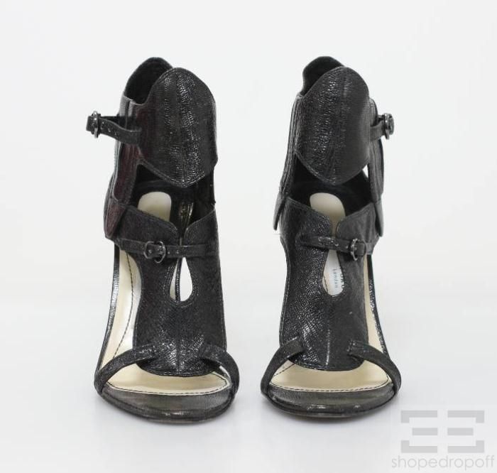 Camilla Skovgaard Blue Black Embossed Leather Ankle Wrap Heels Size 39 