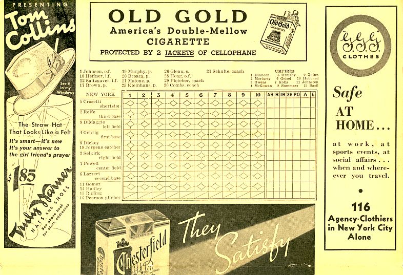 Lou Gehrig Joe DiMaggio Rookie Scorecard Yankees vs Chicago White Sox 