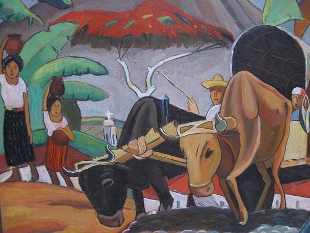 Sgnd Oil Painting Conestoga Ox Cart Wagon San Salvador