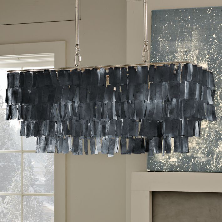 West Elm Large Rectangle Hanging Capiz Pendant Gray Chandelier Pottery 