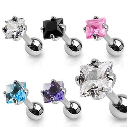 Princess Cut CZ Steel Tragus Cartilage Piercing Earring Stud 16 Gauge 