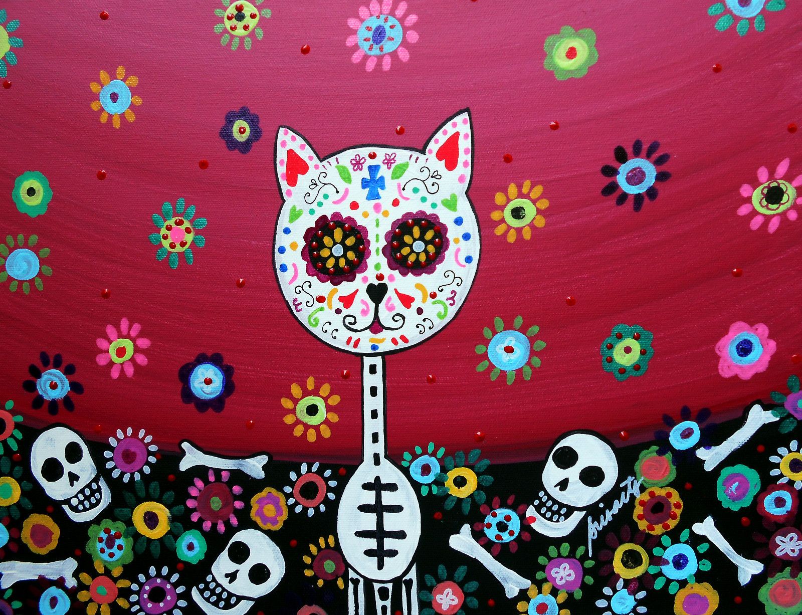 Mexican Folk Art Day of The Dead Flower Cat Gato Prisarts Original 