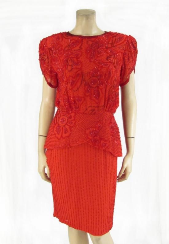 Vintage Oleg Cassini Size 4 Red Silk Beaded Dress Bead Beading 