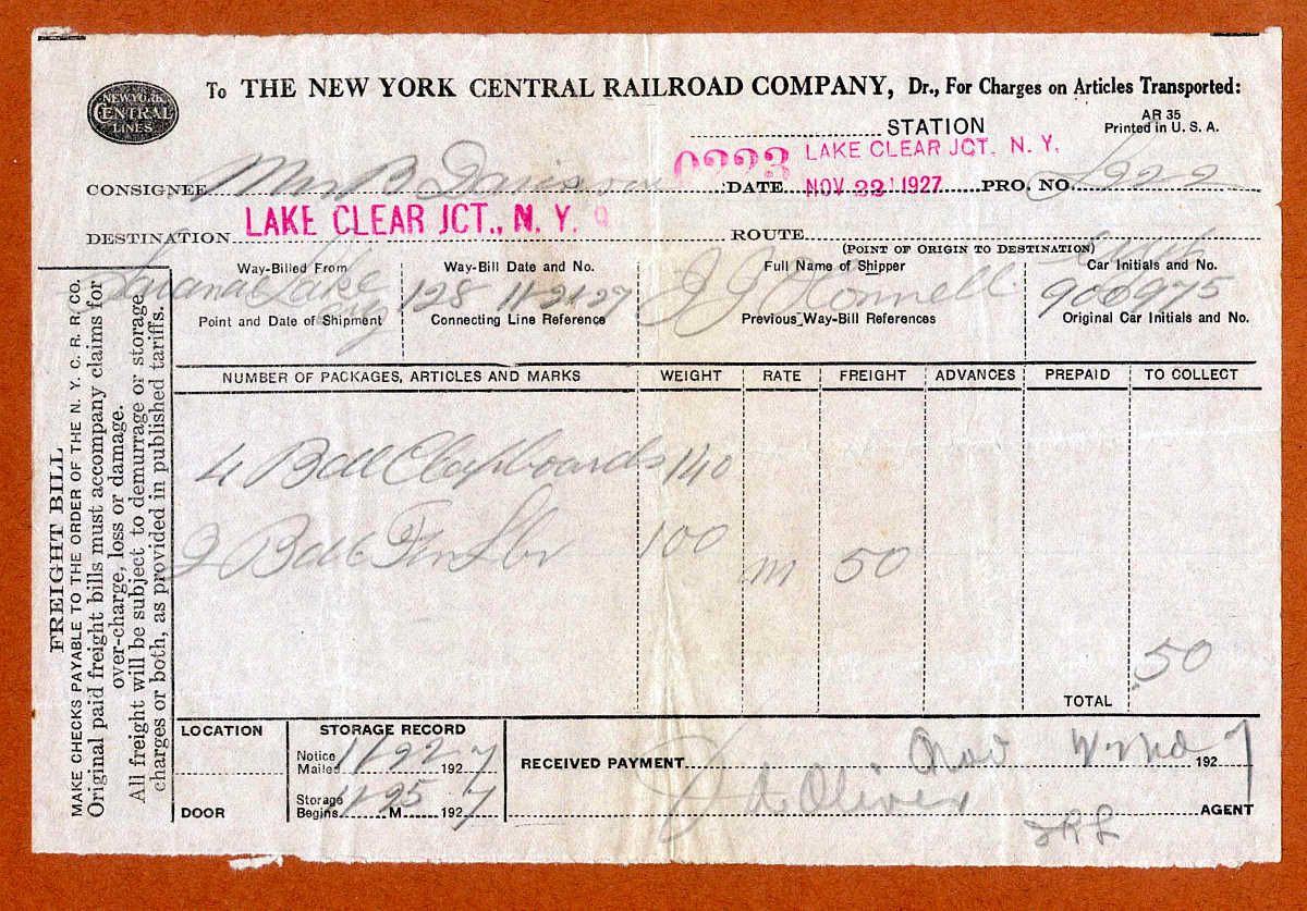 1927 NEW YORK CENTRAL RAILROAD COMPANY WAY BILL FOR LAKE CLEAR JCT, NY 