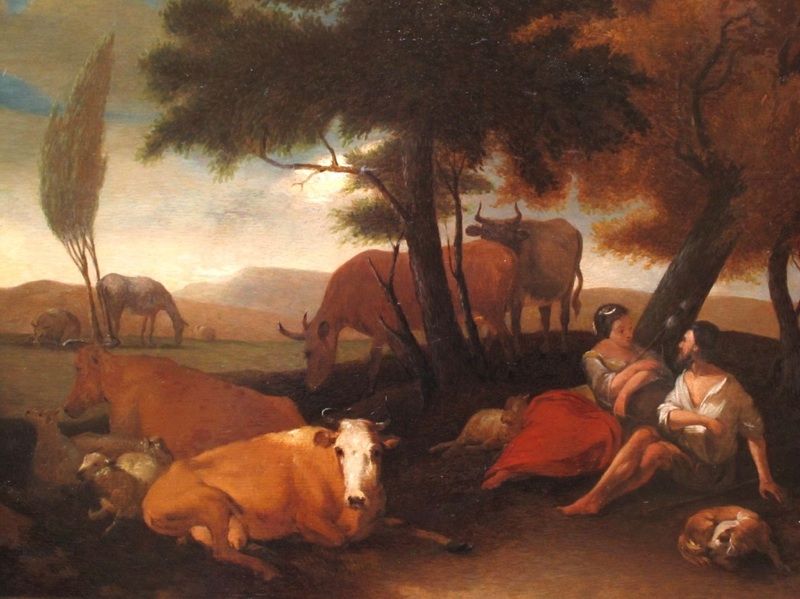   LARGE DUTCH OLD MASTER OIL ON PANEL   CATTLE & FIGURES IN LANDSCAPE