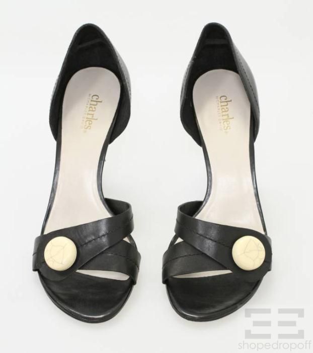 Charles By Charles David Black Leather & White Button DOrsay Heels Sz 