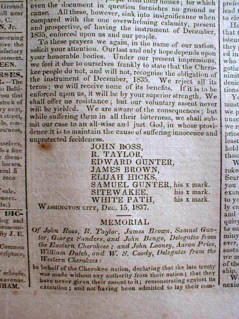 Best 1838 Newspaper Trail of Tears Cherokee Indian Response Signed by 