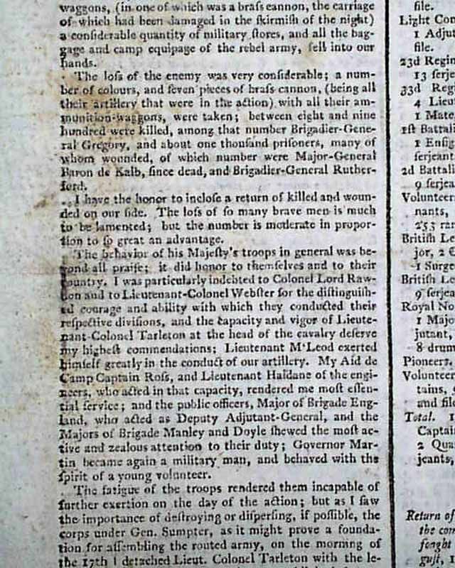   War Newspaper BATTLE OF CAMDEN SC Charles Lord Cornwallis