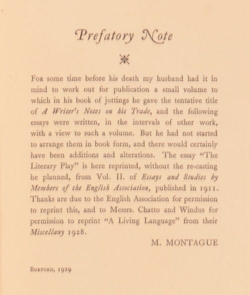 1930 Writers Notes on His Trade by Montague and Tomlinson Signed 