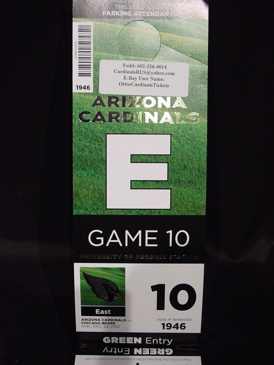 Arizona Cardinals Chicago Bears GREEN E EAST LOT PARKING TICKETS NFL