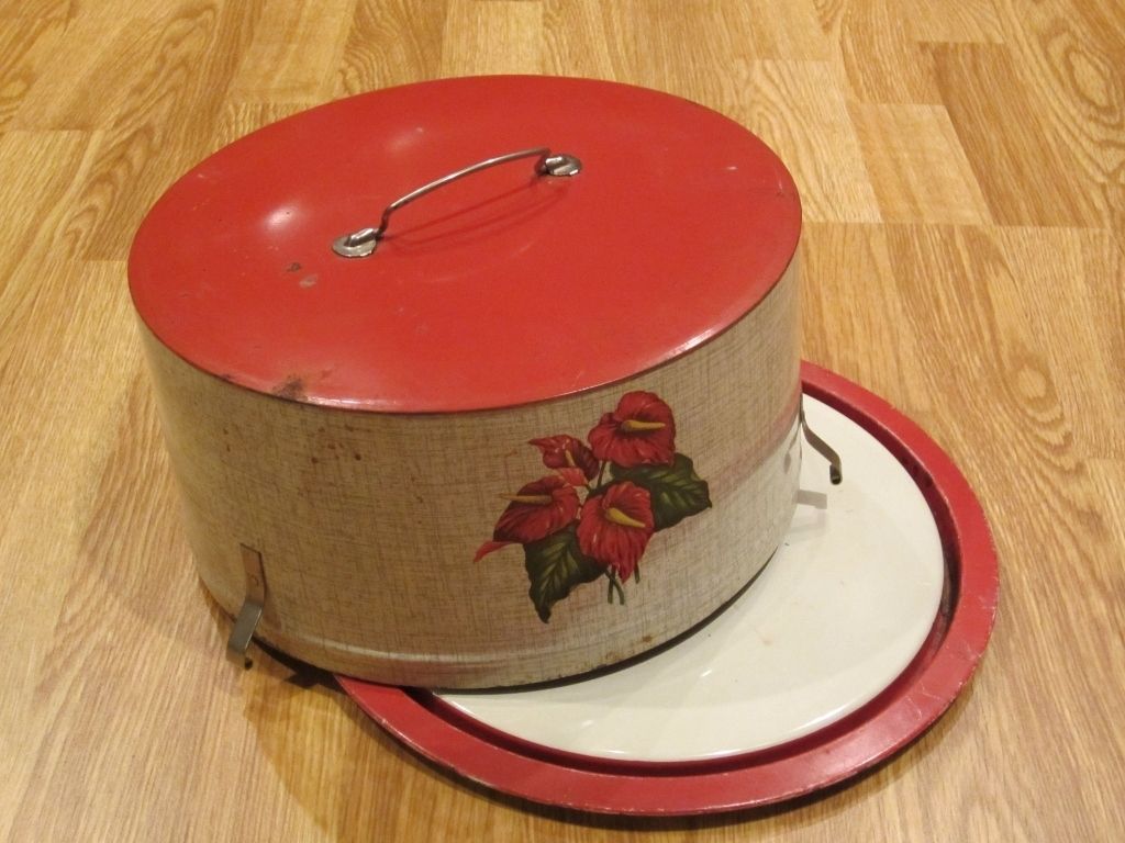 VTG Decoware Christmas Cake Carrier Tin Litho Floral RETRO Decoration