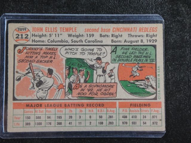 1956 Topps 212 Johnny Temple Cincinnati Redlegs