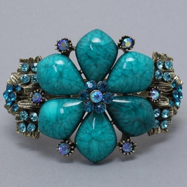 CHUNKY TURQUOISE FLOWER ANTIQUE GOLD STATEMENT COSTUME JEWELRY Cuff