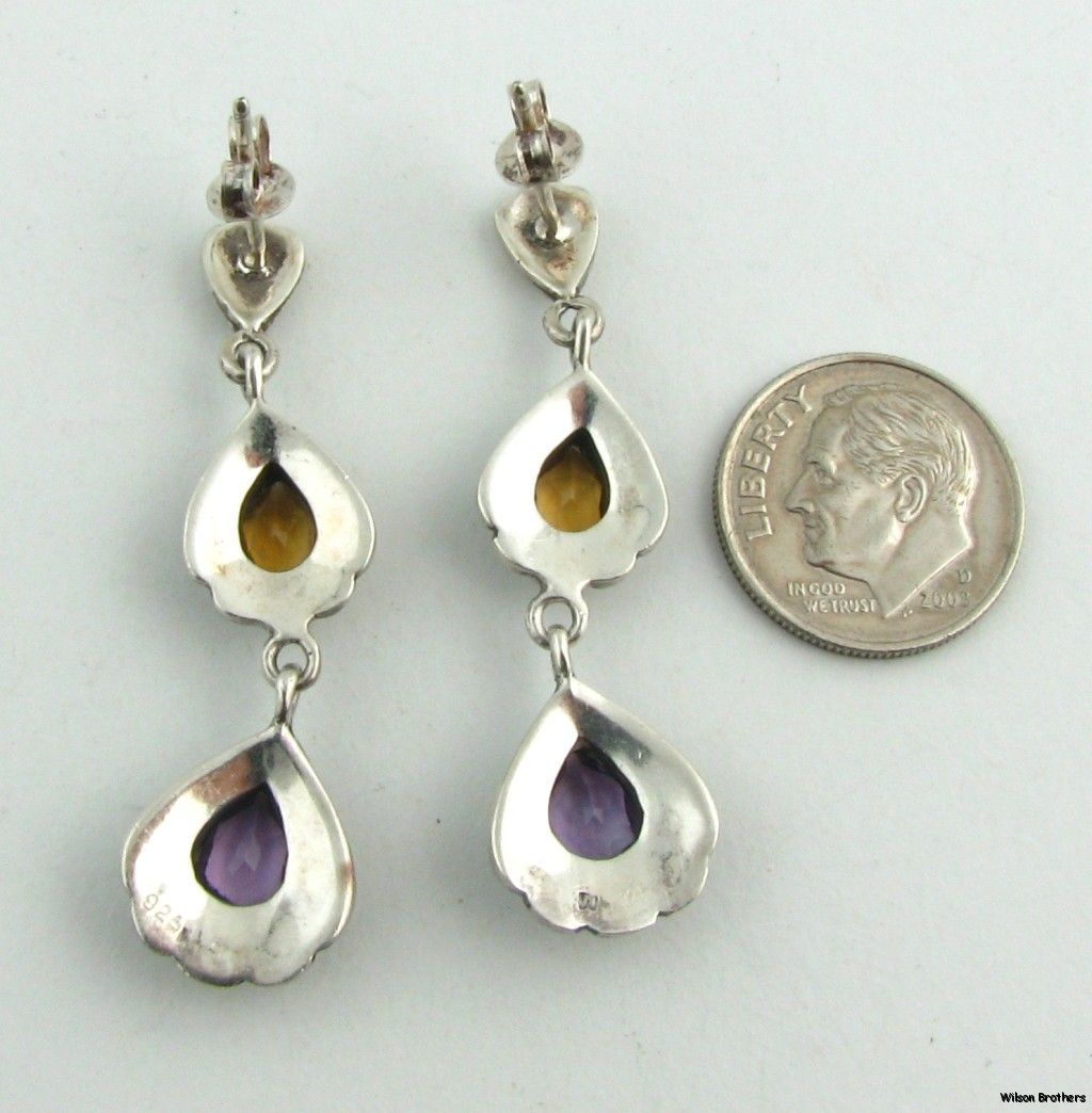 Amethyst & Citrine Dangle Earrings   Sterling Silver Pierced Marcasite