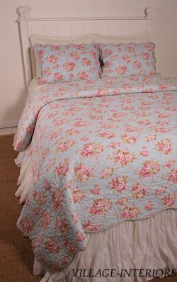 Claire Chic Shabby Aqua Blue Pink Ivory Cotton King Quilt 2 Standard