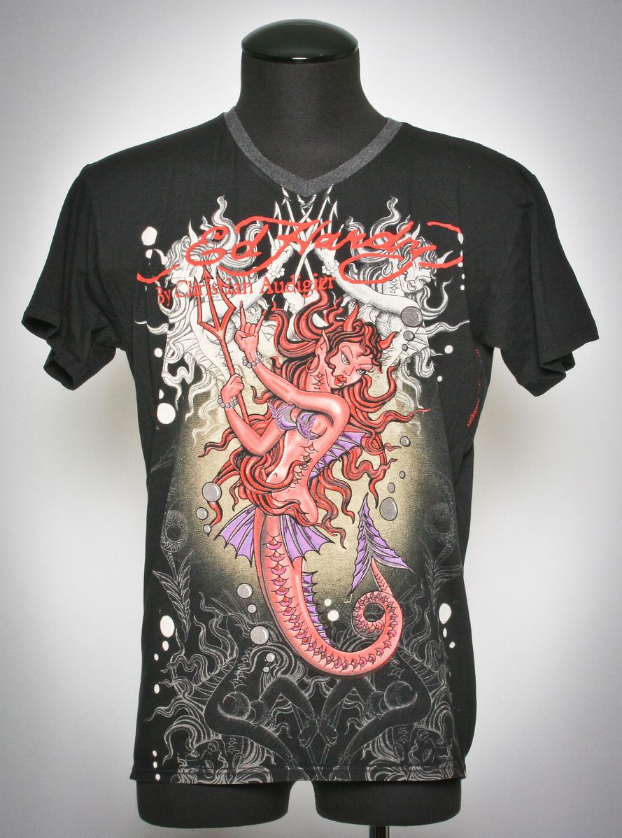 Mens Ed Hardy Christian Audigier Black Mermaid V Neck T Shirt s L