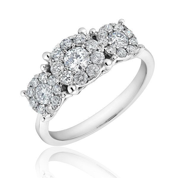  Gold Three Stone Diamond Flower Cluster Engagement Ring 1ctw