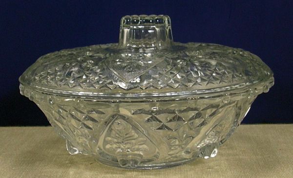 Clear Pressed Glass Bowl w Lid Embossed Floral Design