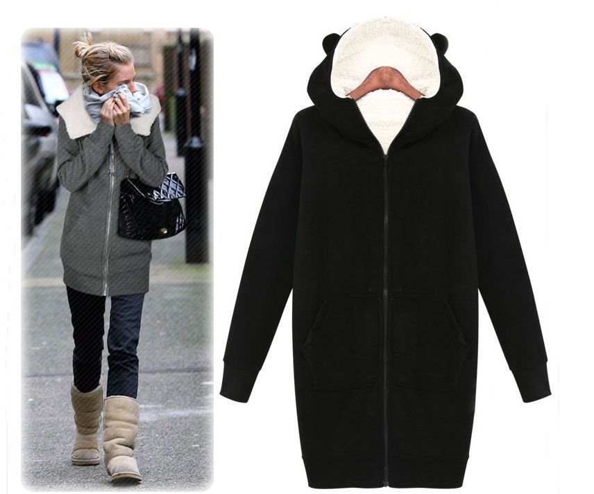  Shearling Kitty Cat Ears Hoodie Zip Up sweat Shirt Top Jacket