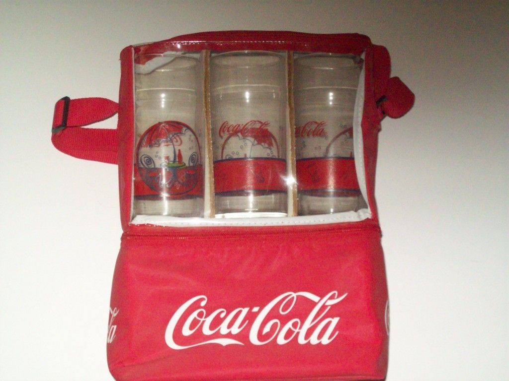 coca cola cooler with glasses