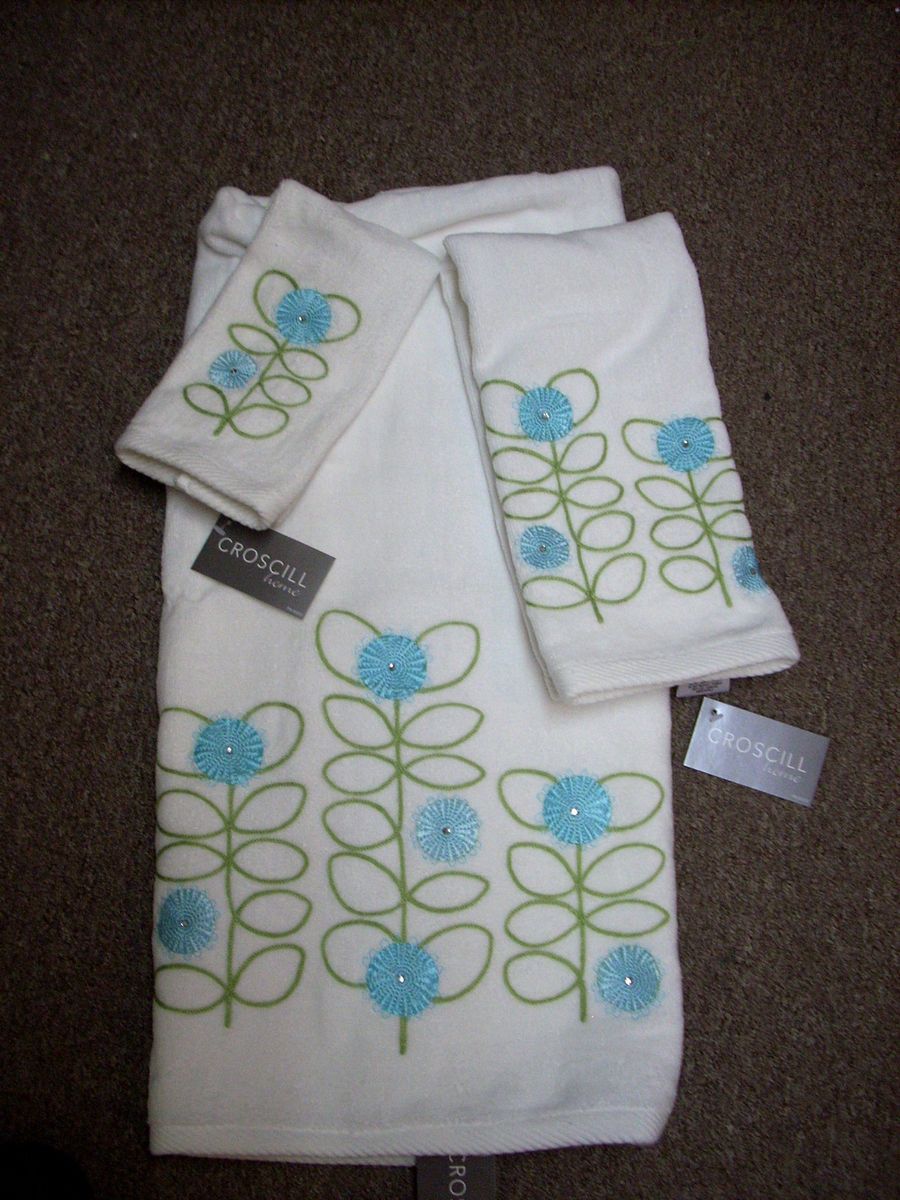  Aqua Whimsical Modern Emb Floral Towels Bath Hand or Fingertip