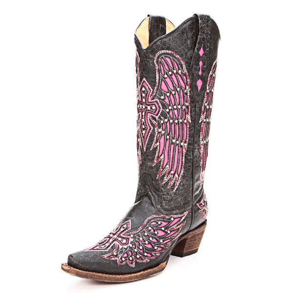 Corral womens A1049 Handcrafted Black Fashion Western Boots with Pink