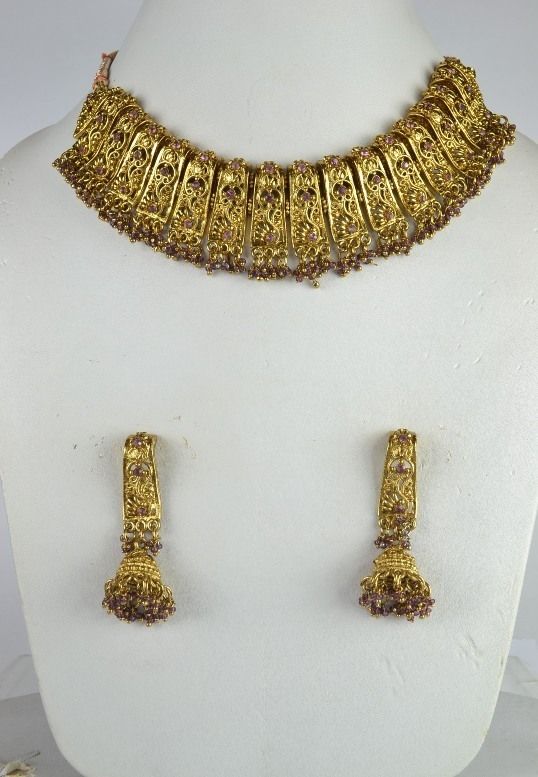 Gold Tone Light Purple Indian Fashion Jewelry Necklace Set Earring