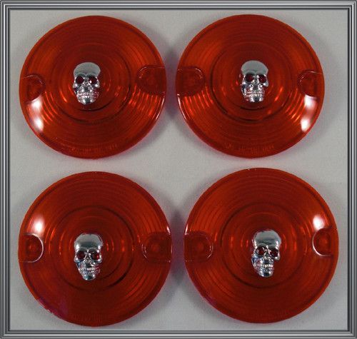 Red Lenses w Chrome Skulls for Harley Turn Signal Running Light