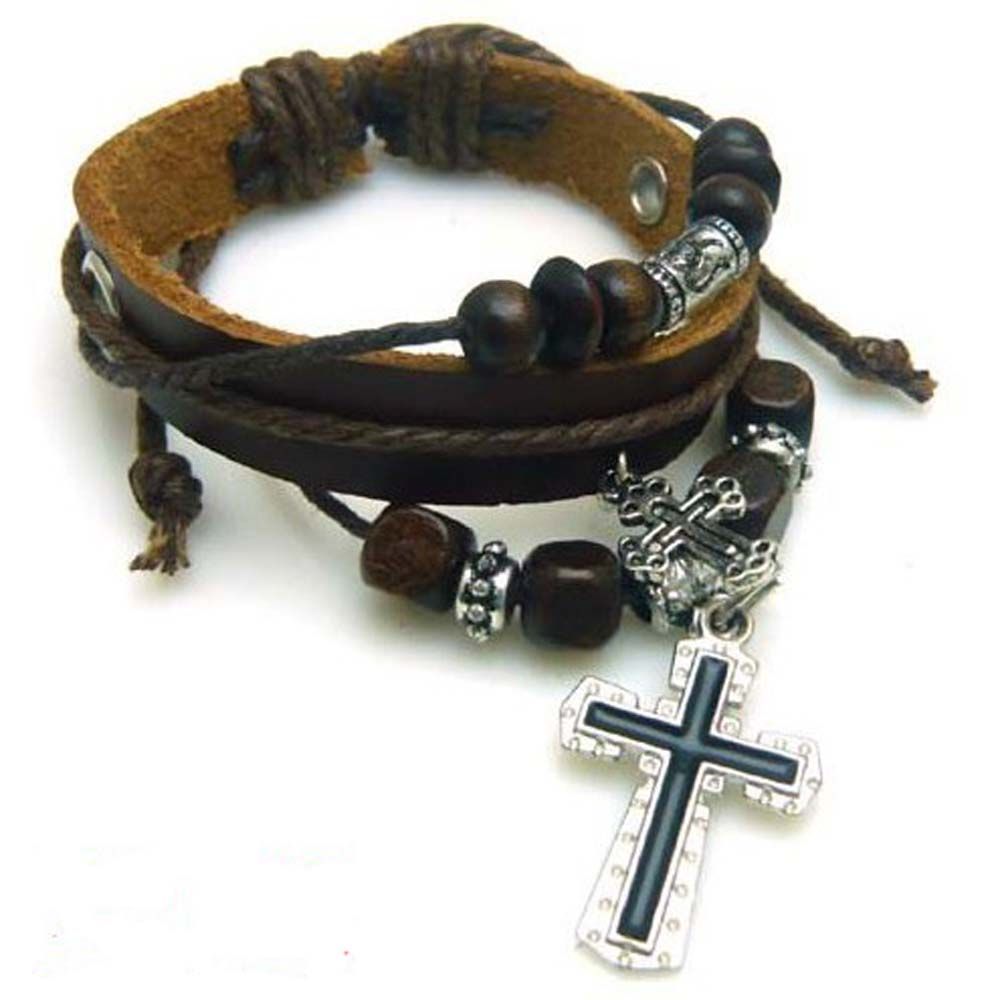 Cross Wrist Band Bracelet Multi Wrap Leather Super Silver Black Charm