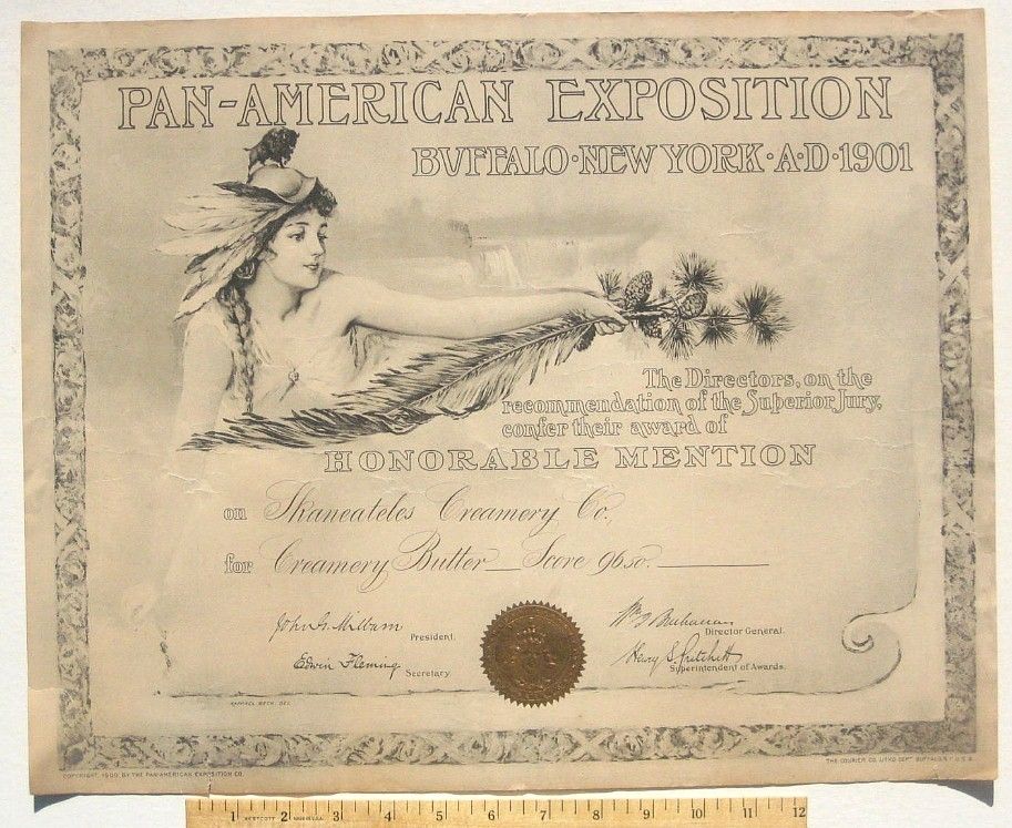 1901 Pan Am Award Certificate Skaneateles Creamery NY