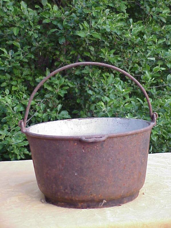 Large and Heavy Antique Deep White Enamel Black Cast Iron Cauldron