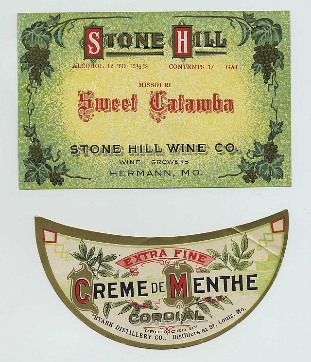 Adv Labels Cordial Wine Stone Hill Hermann MO Stark Distillery St