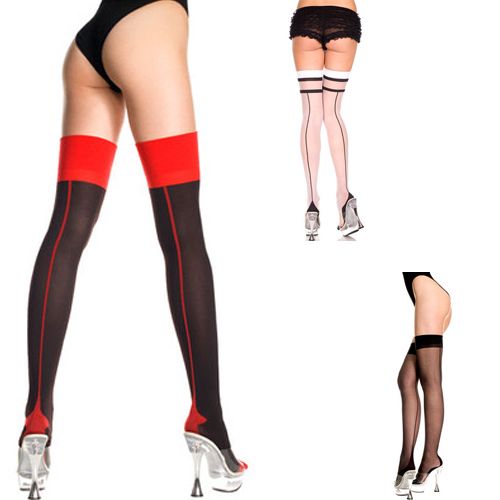  Sexy Seamed Thigh High Stockings w Cuban Heel Vintage Stripes