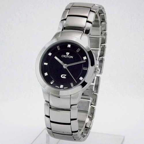 Croton Womens Silver Tone Black Dial Diamond Bracelet Watch