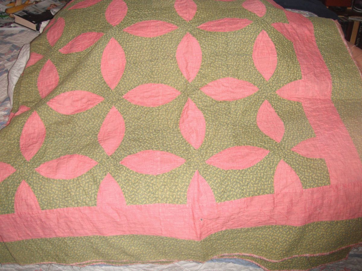 ANTIQUE VINTAGE QUILT WATERMELON SLICE PATTERN 78 X 78 GREEN PINK BLUE