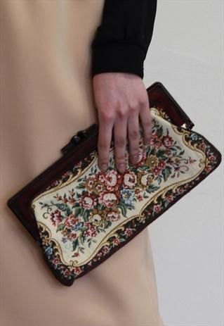 Vintage Tapestry Leather Clutch Hand Bag 40s 30s 70s Boho Carpet