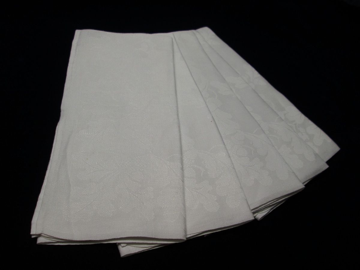 Antique White Linen Damask Napkins ACORNS OAK LEAVES Hand Hemmed