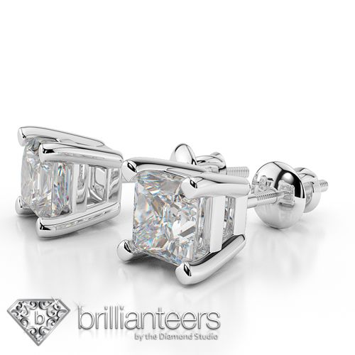  WHITE GOLD 14K NATURAL PRINCESS REAL CERTIFIED DIAMOND STUD EARRINGS