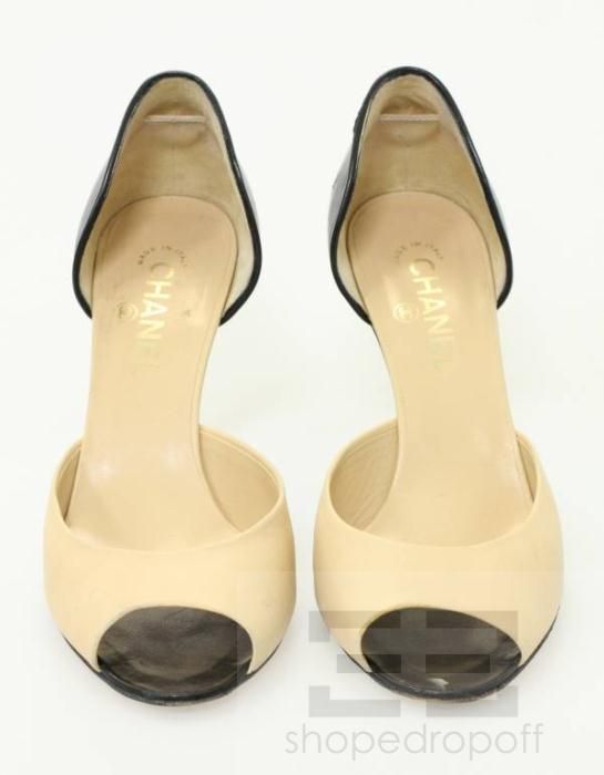 Chanel Beige & Black Leather Peep Toe DOrsay Heels Size 40.5